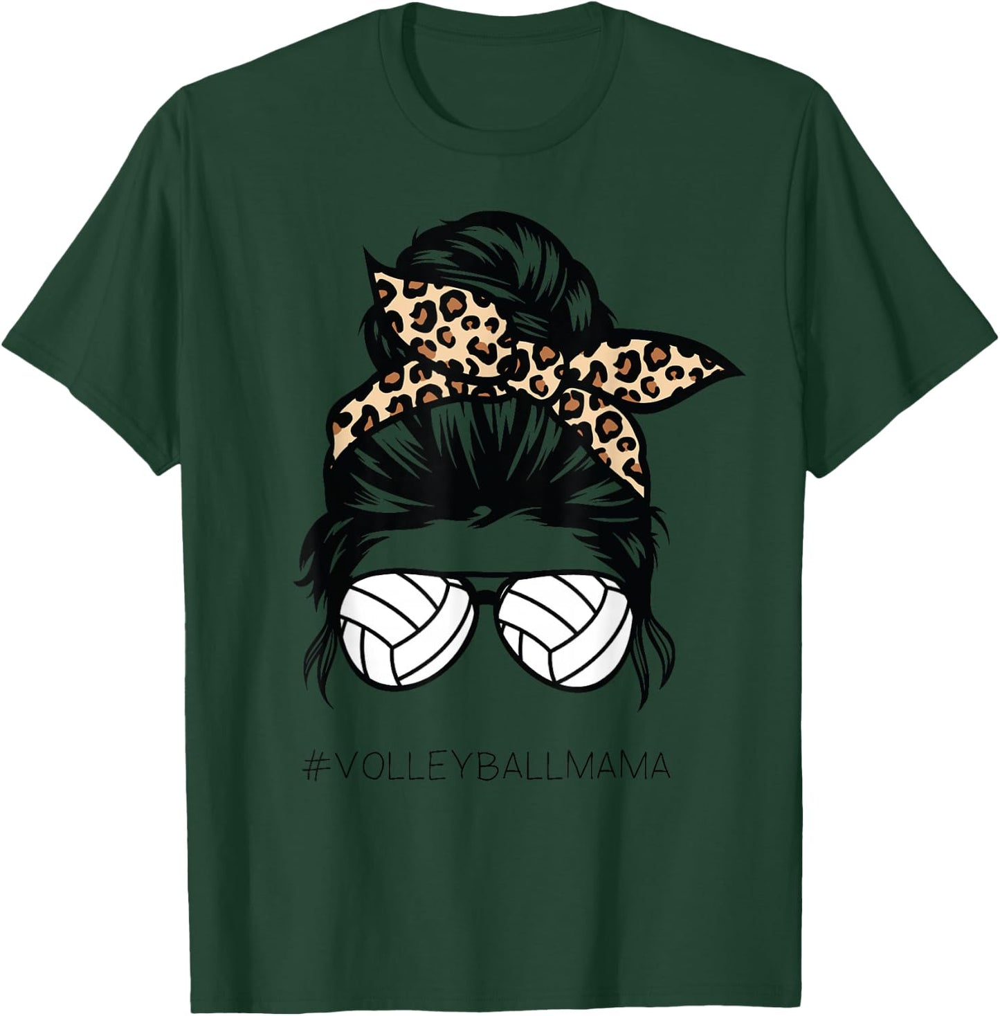 Volleyball Mom Leopard Ball messy hair bun Mother's Day T-Shirt - T-Shirt | Forest