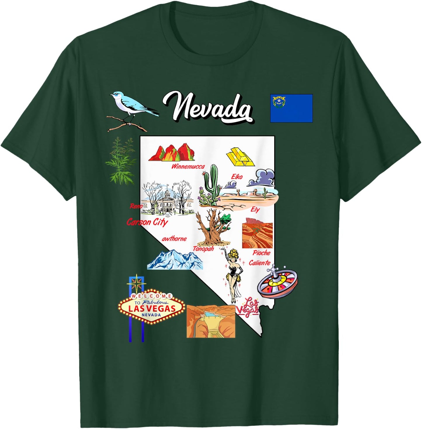 illustrated Map of Nevada in US with the Cities and symbols T-Shirt - T-Shirt | Forest