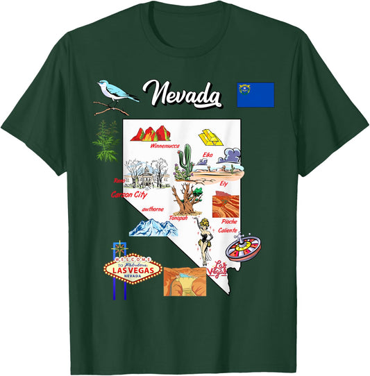 illustrated Map of Nevada in US with the Cities and symbols T-Shirt - T-Shirt | Forest