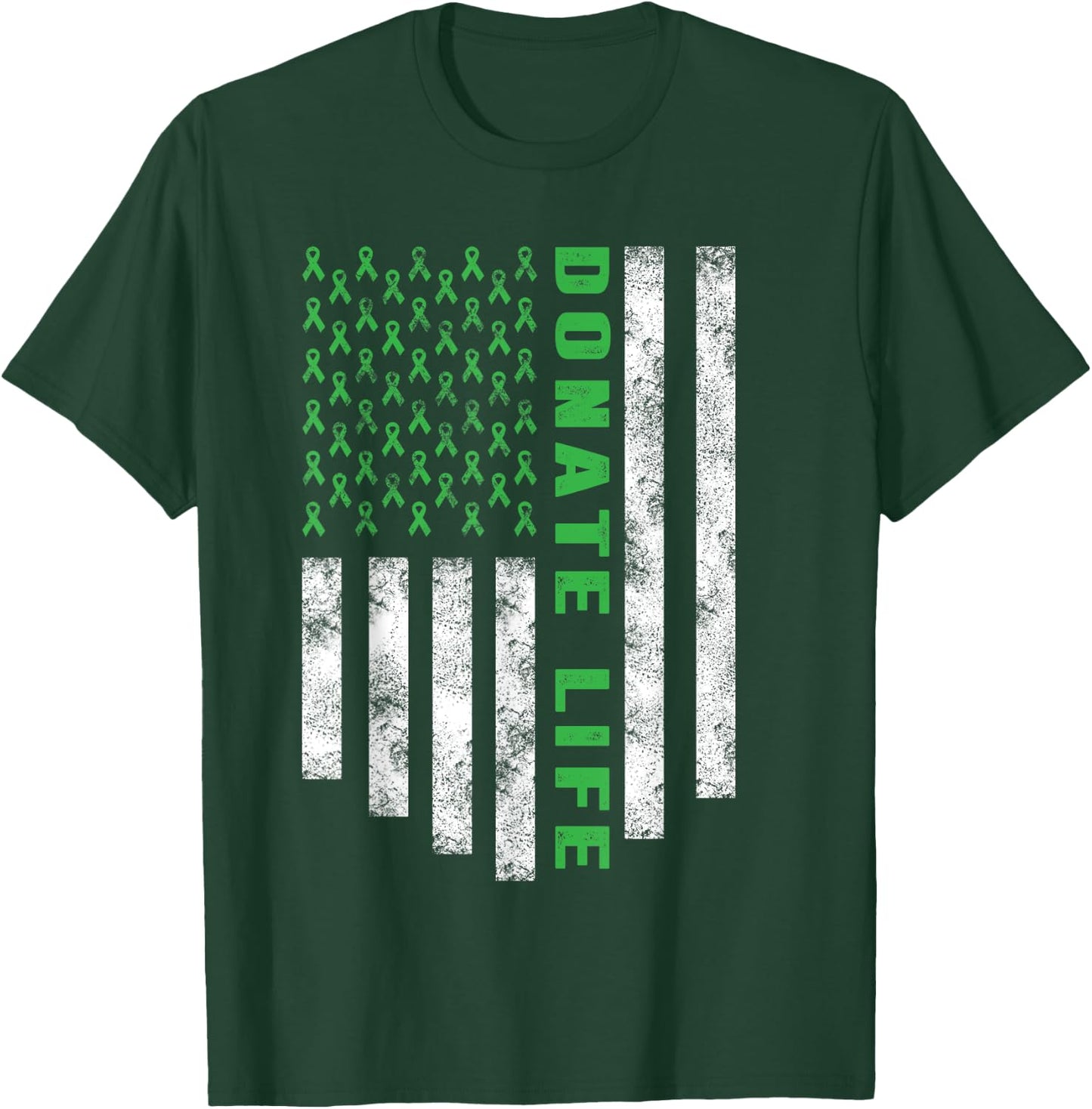 Organ Transplant Awareness USA Flag Donate Life Green Ribbon T-Shirt - T-Shirt | Forest