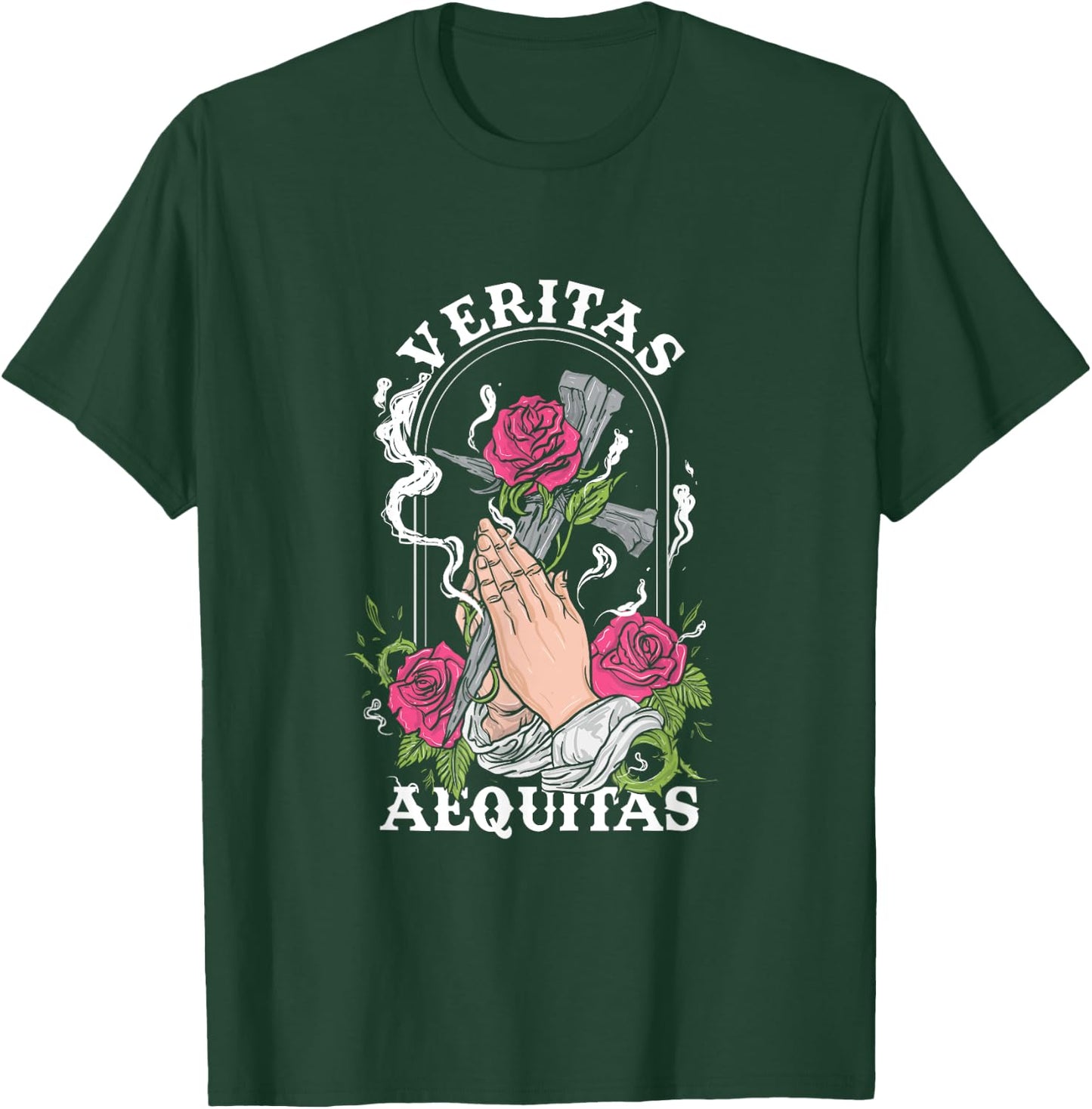 Veritas Aequitas Cross Roses Praying Hands Pray God Gift T-Shirt - T-Shirt | Forest