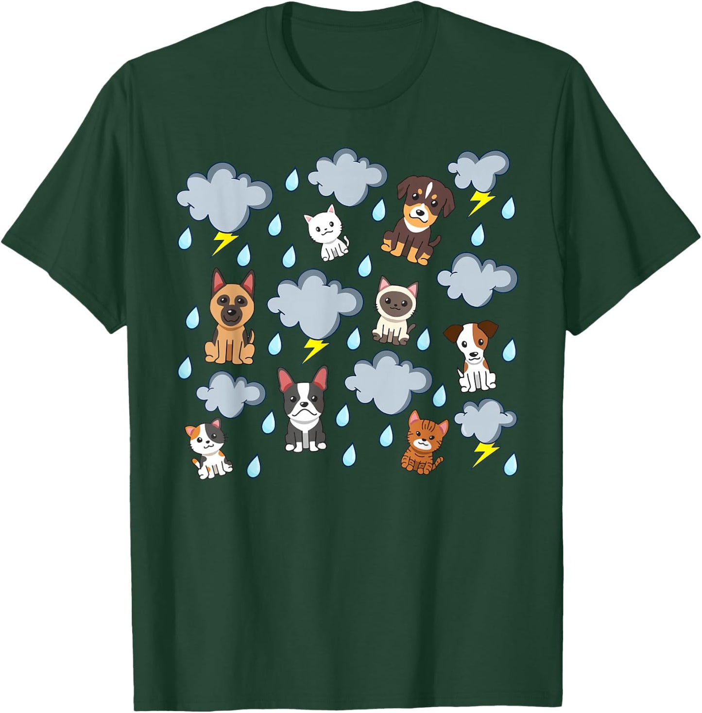 Raining Cats and Dogs Rain English Idiom Pets Puppies Kitten T-Shirt - T-Shirt | Forest