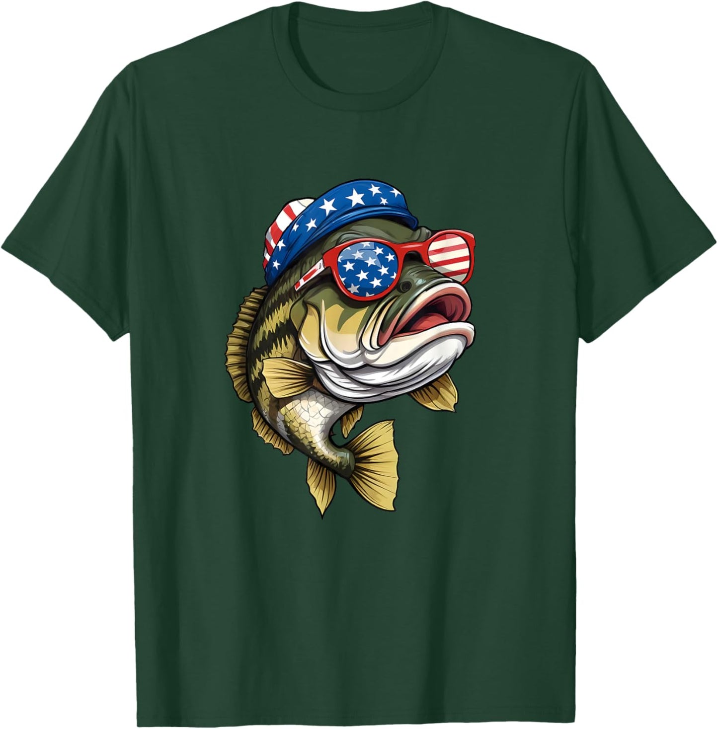 Bass Fish 4th Of July American US Flag Patriotic Fishing T-Shirt - T-Shirt | Forest