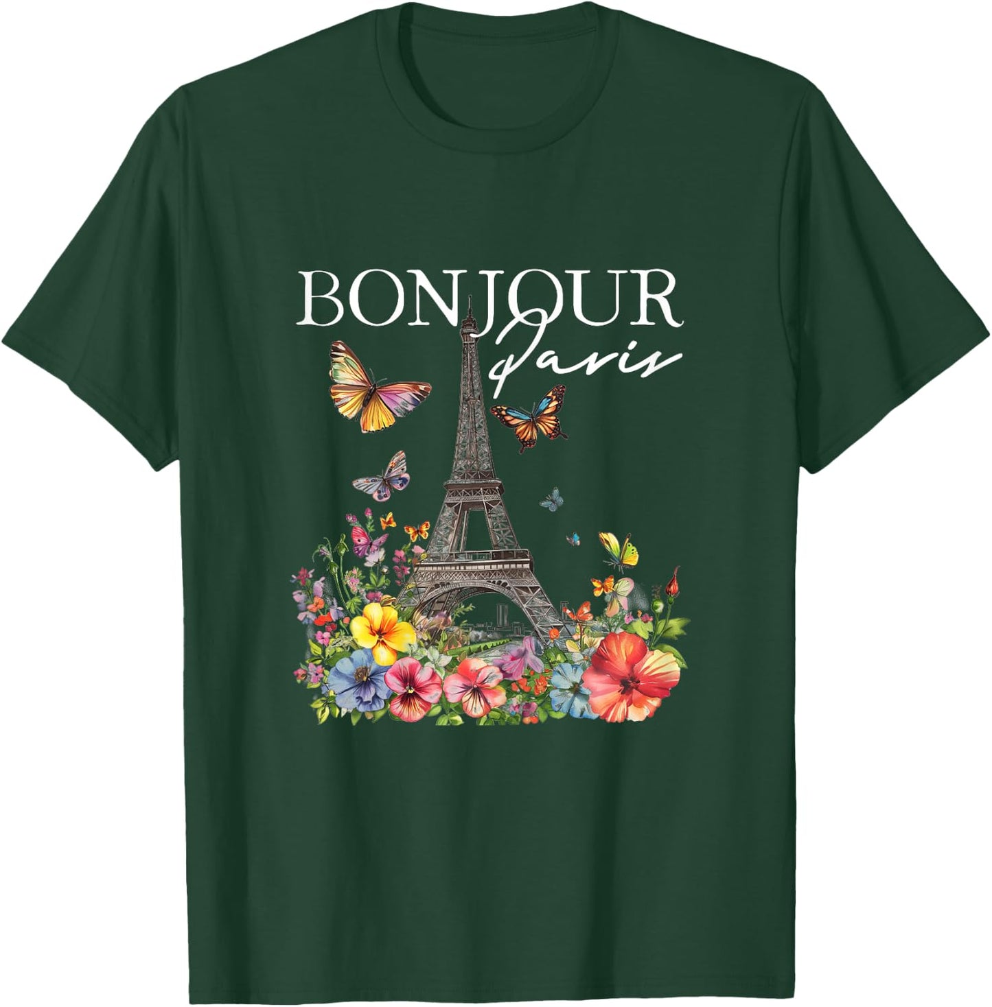 Bonjour Paris Floral Eiffel Tower France French Souvenirs T-Shirt - T-Shirt | Forest