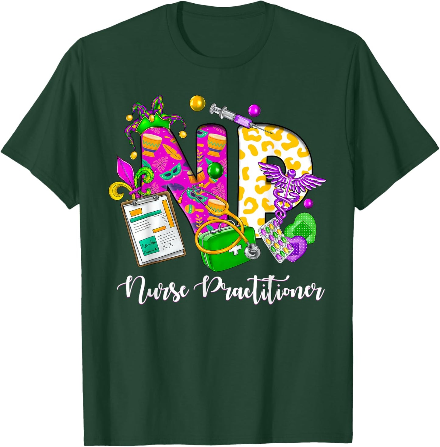 NP Nurse Practitioner Cute Mardi Gras Girl Women T-Shirt - T-Shirt | Forest