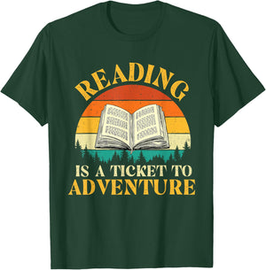 Reading is A Ticket to Adventure - Retro Vintage Book Lover T-Shirt - T-Shirt | Forest