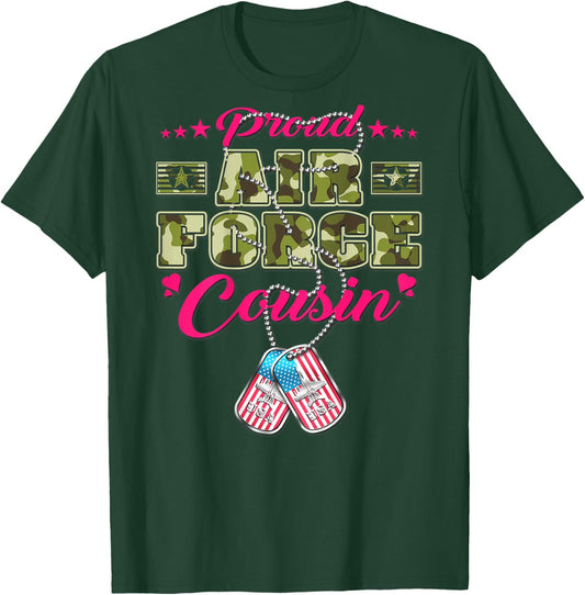Proud Air Force Cousin Camo US Flag Dog Tags Military Family Women Kids T-Shirt - T-Shirt | Forest