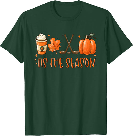 Tis The Season Pumpkin Latte Fall Leaves Thanksgiving Hockey T-Shirt - T-Shirt | Forest
