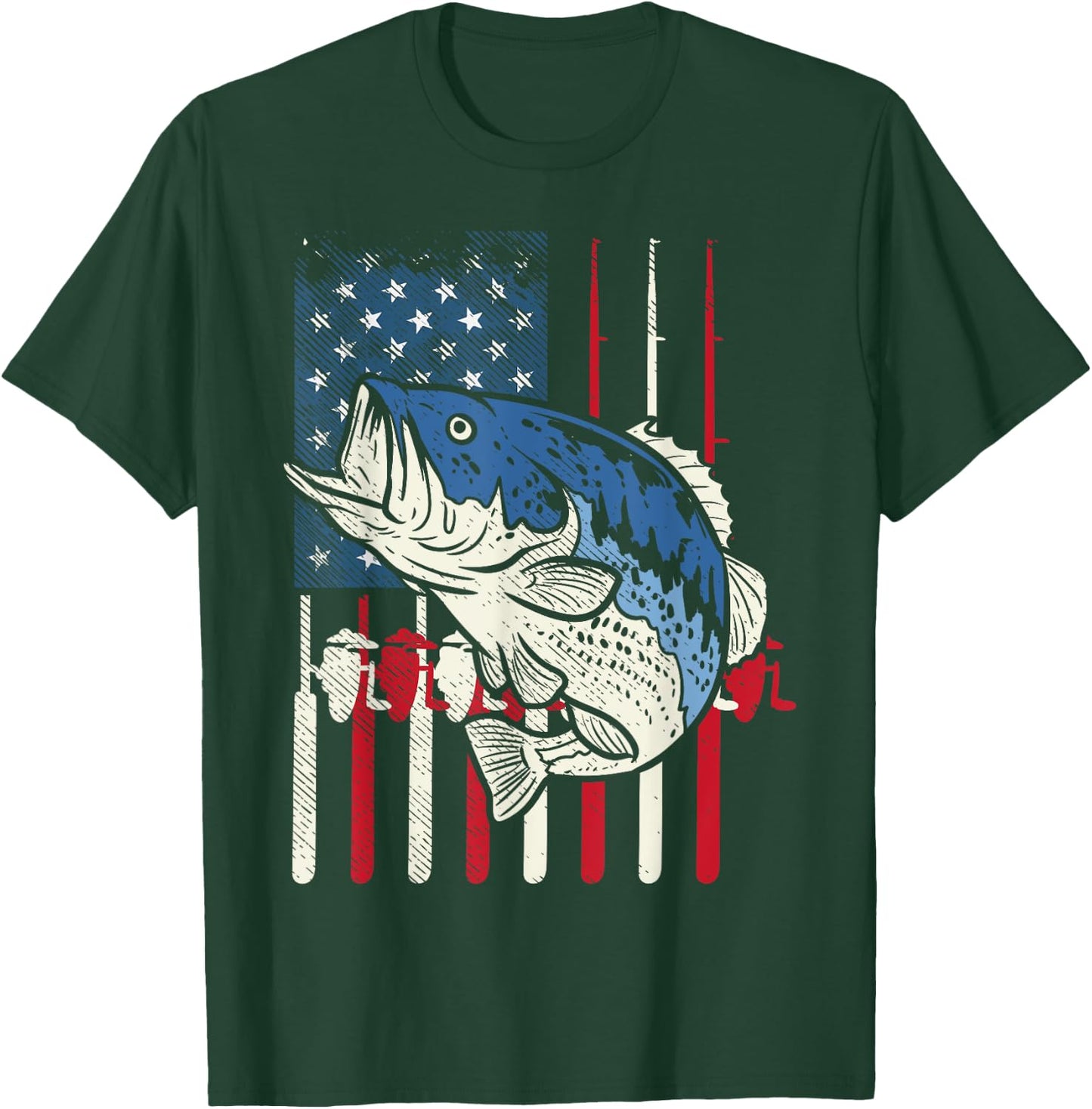 Bass Fish US American Flag Patriotic Fishing Fisherman Gift T-Shirt - T-Shirt | Forest