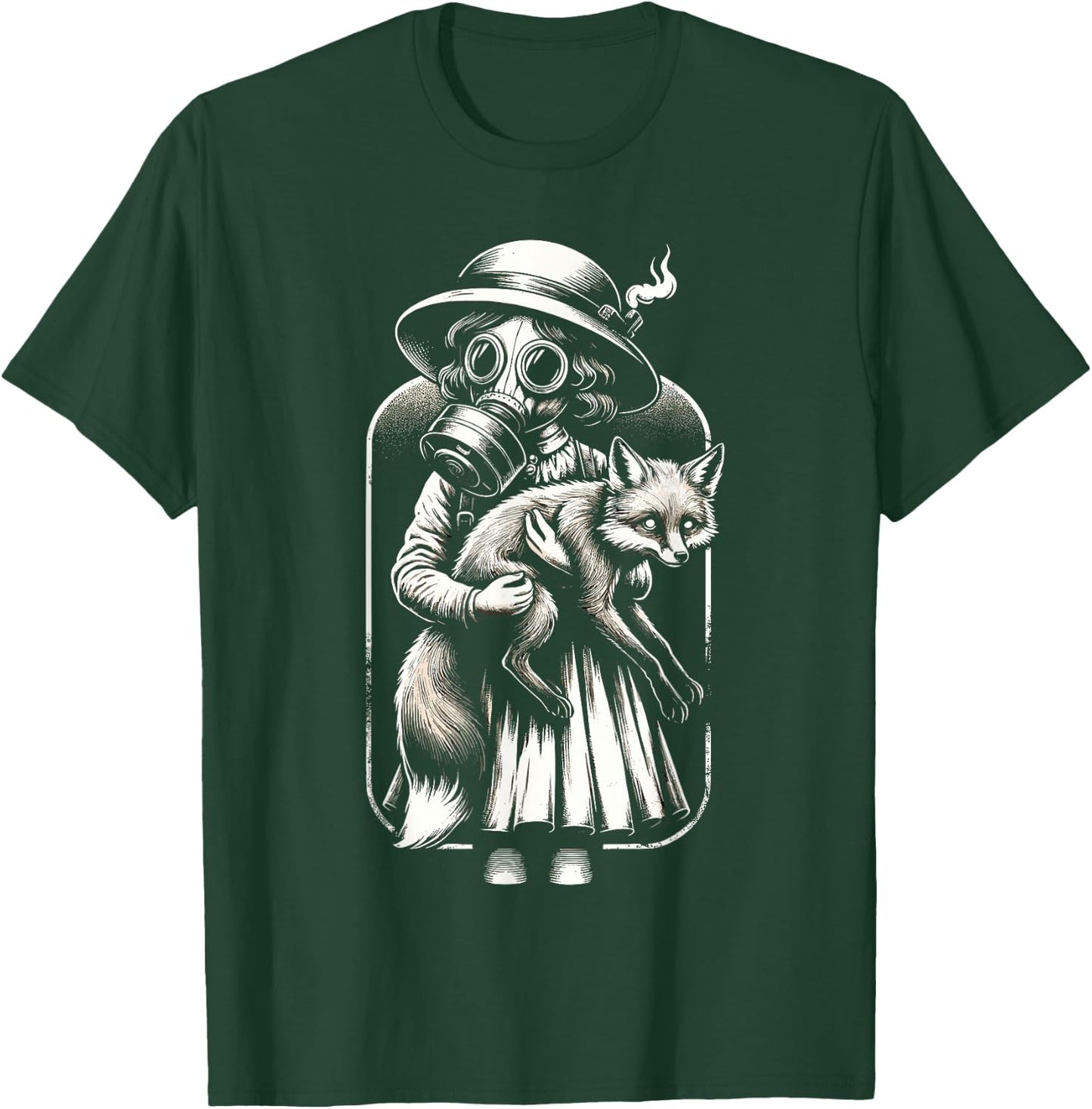 Creepy vintage girl wearing a gas mask and holding a fox T-Shirt - T-Shirt | Forest