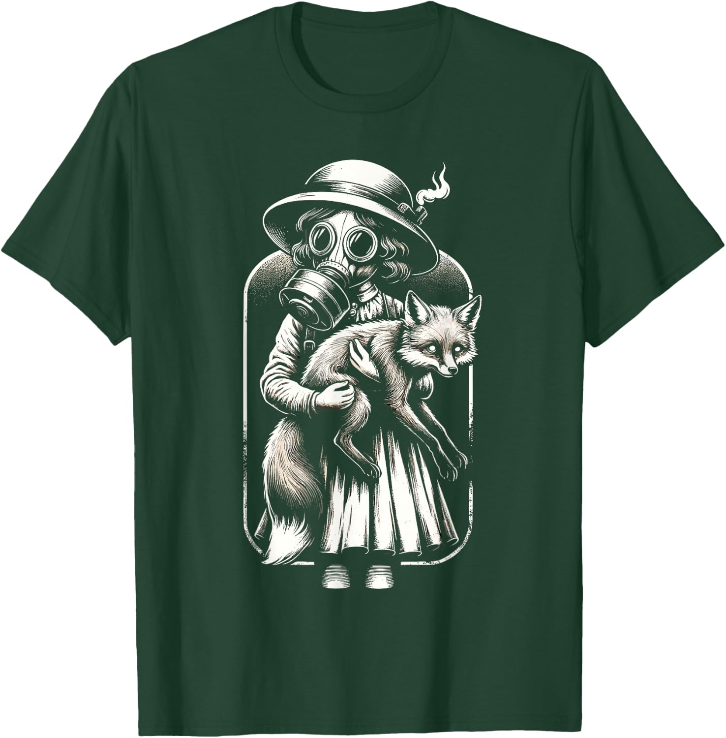 Creepy vintage girl wearing a gas mask and holding a fox T-Shirt - T-Shirt | Forest