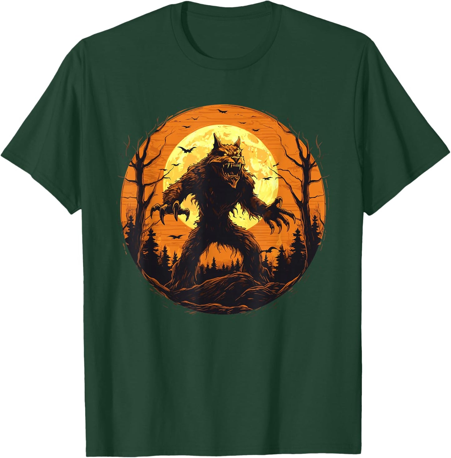 Halloween Werewolf Howling Full Moon Bats Spooky Graphic T-Shirt - T-Shirt | Forest