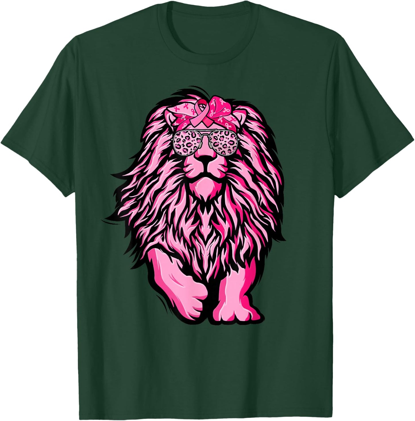 Lion Pink Bandana Ribbon Breast Cancer Awareness Warrior T-Shirt - T-Shirt | Forest