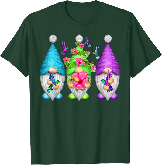 Cute Gnomes Hummingbirds Hibiscus Flower Bird Nature Lover T-Shirt - T-Shirt | Forest