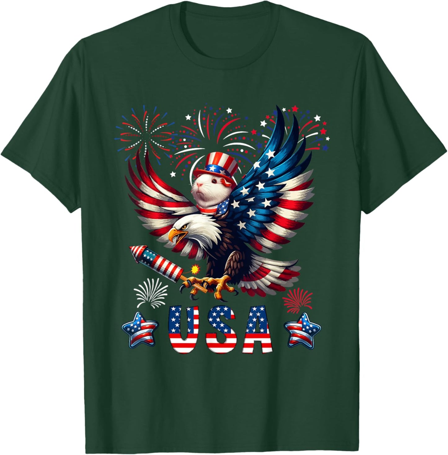 USA 4th Of July Guinea Pig Riding Eagle Fireworks Patriotic Kids Men T-Shirt - T-Shirt | Forest