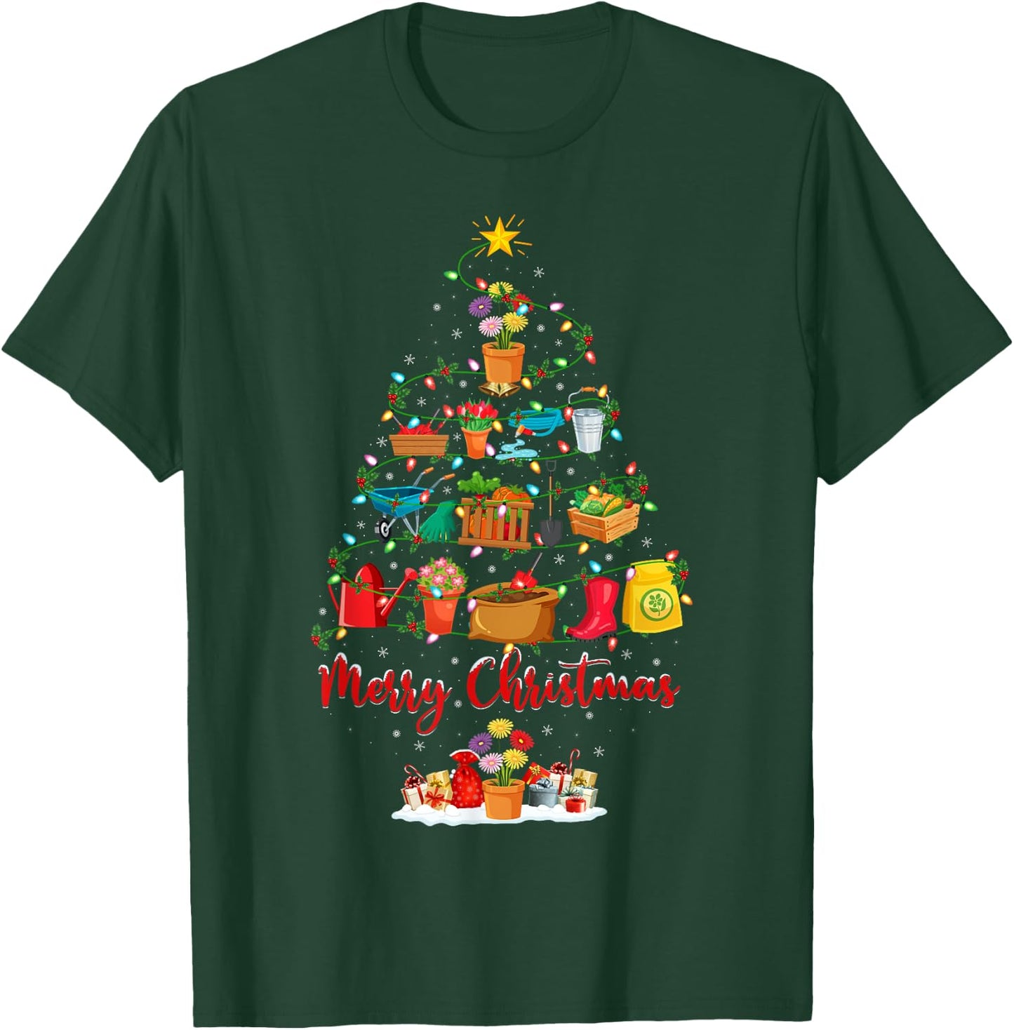 Garden Plant Xmas Lighting Santa Gardening Christmas Tree T-Shirt - T-Shirt | Forest