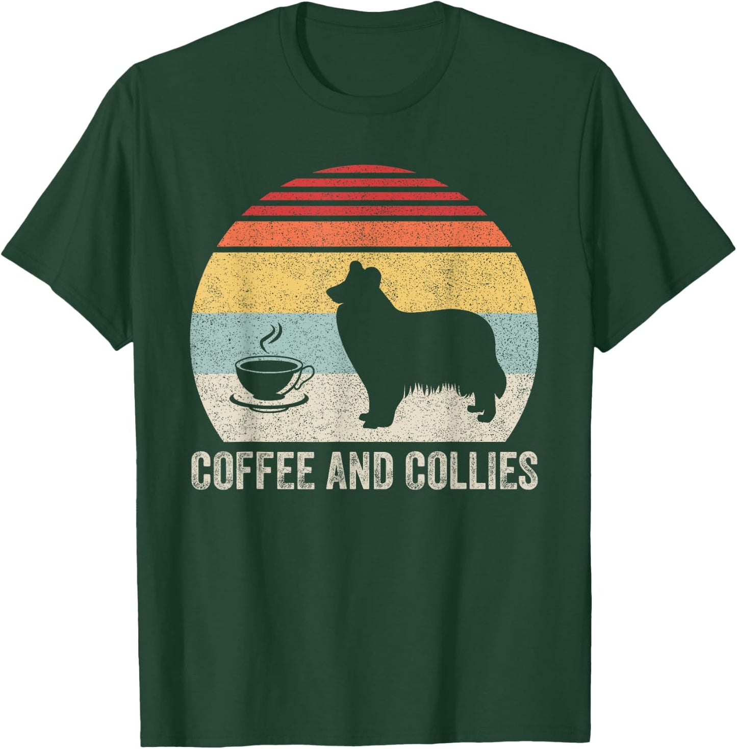 Vintage Retro Coffee And Collies Rough Collie Border Collie T-Shirt - T-Shirt | Forest