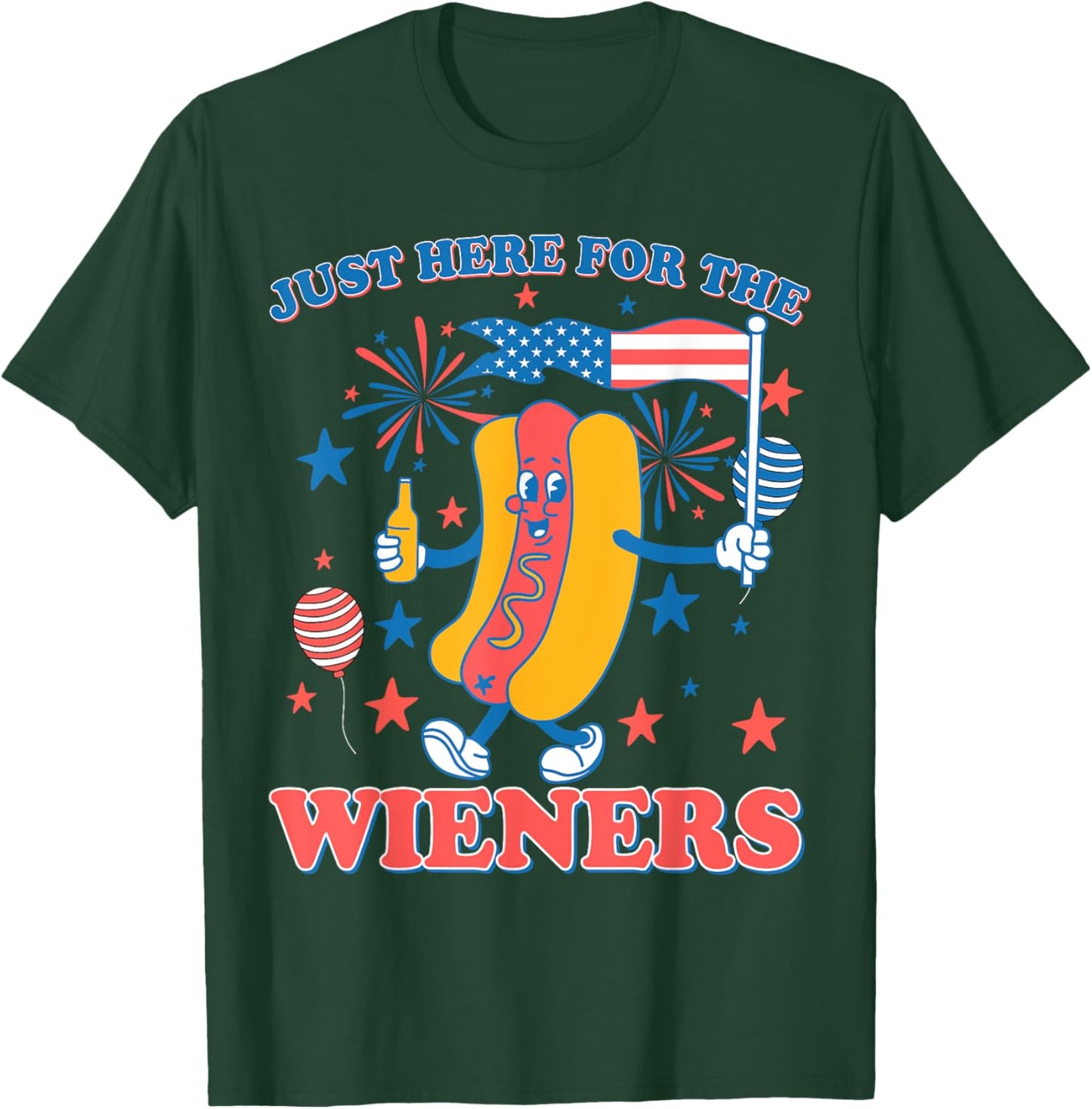 Just Here For The Wieners American Flag Hot Dog 4th Of July T-Shirt - T-Shirt | Forest