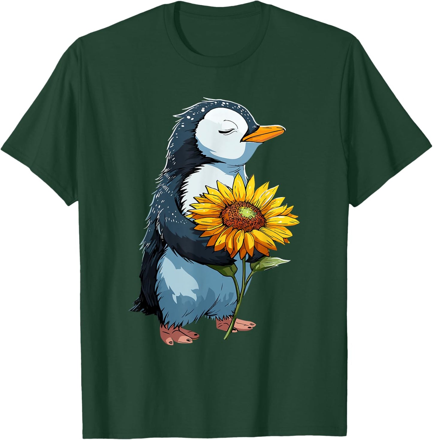 Penguin Holding Sunflower Cute Penguin Lover T-Shirt - T-Shirt | Forest