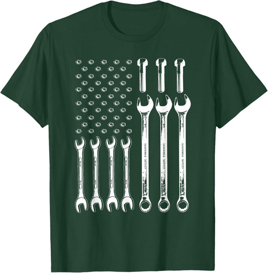 American Flag Mechanic Patriotic Wrench Repairman Men Gifts T-Shirt - T-Shirt | Forest