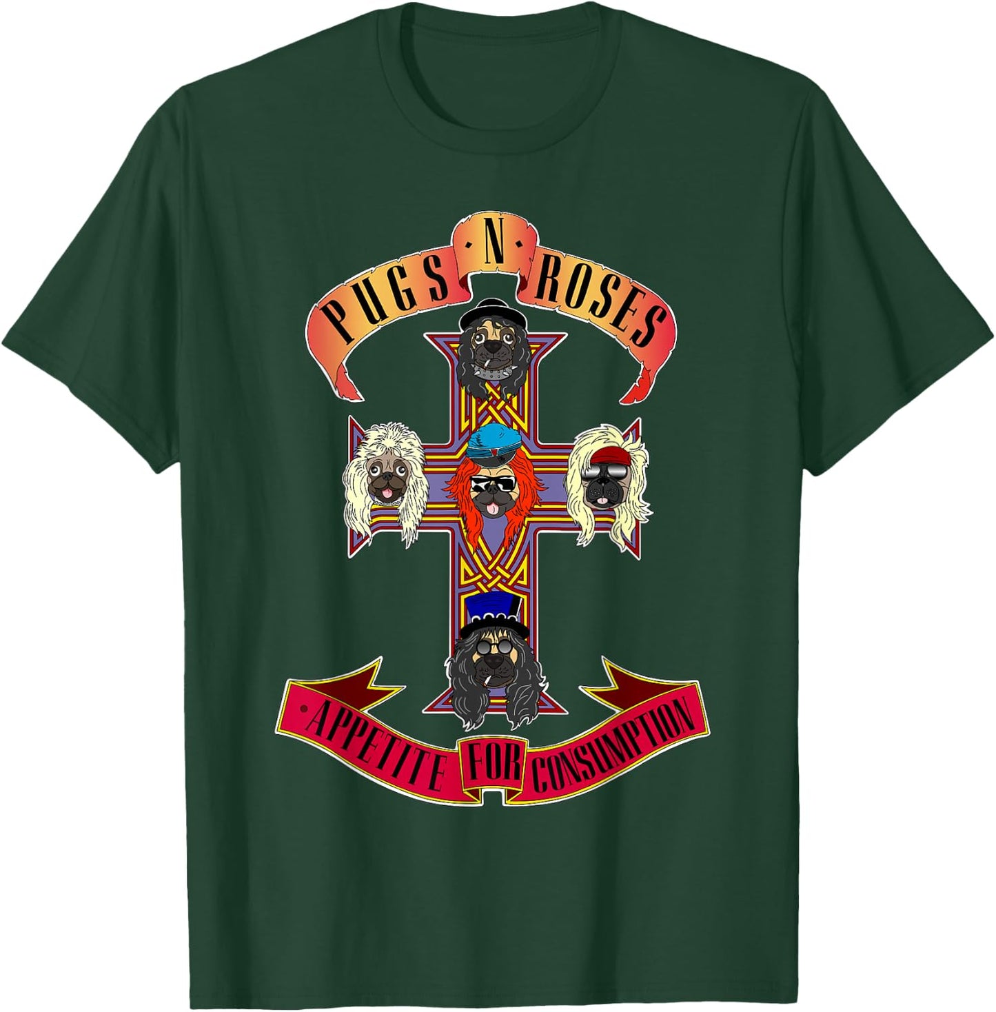 Pugs & Roses Funny Classic Rock And Roll Lover Pug Owner T-Shirt - T-Shirt | Forest