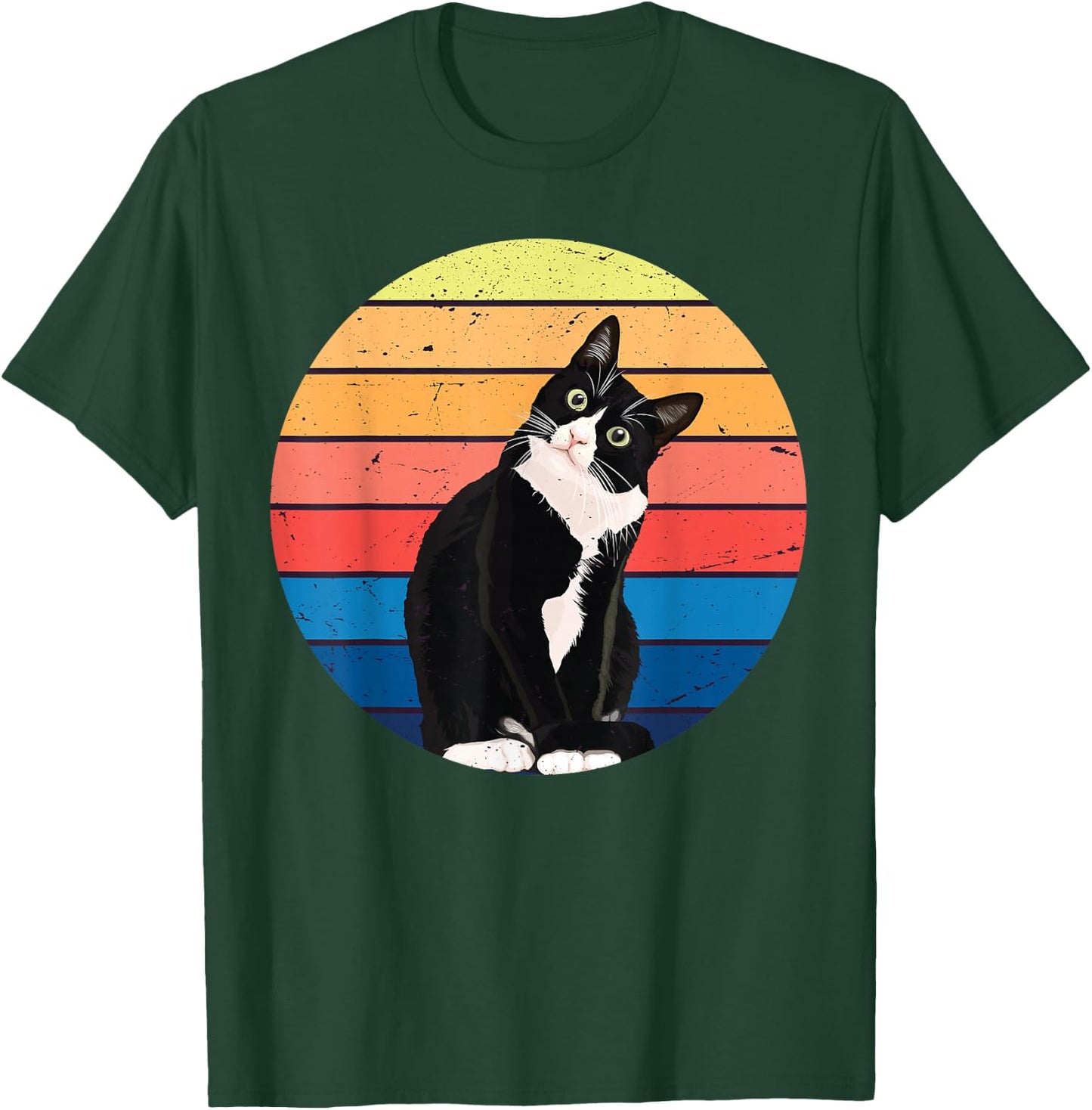 Tuxedo Cat Gift Retro Colors for Animal Lovers T-Shirt - T-Shirt | Forest