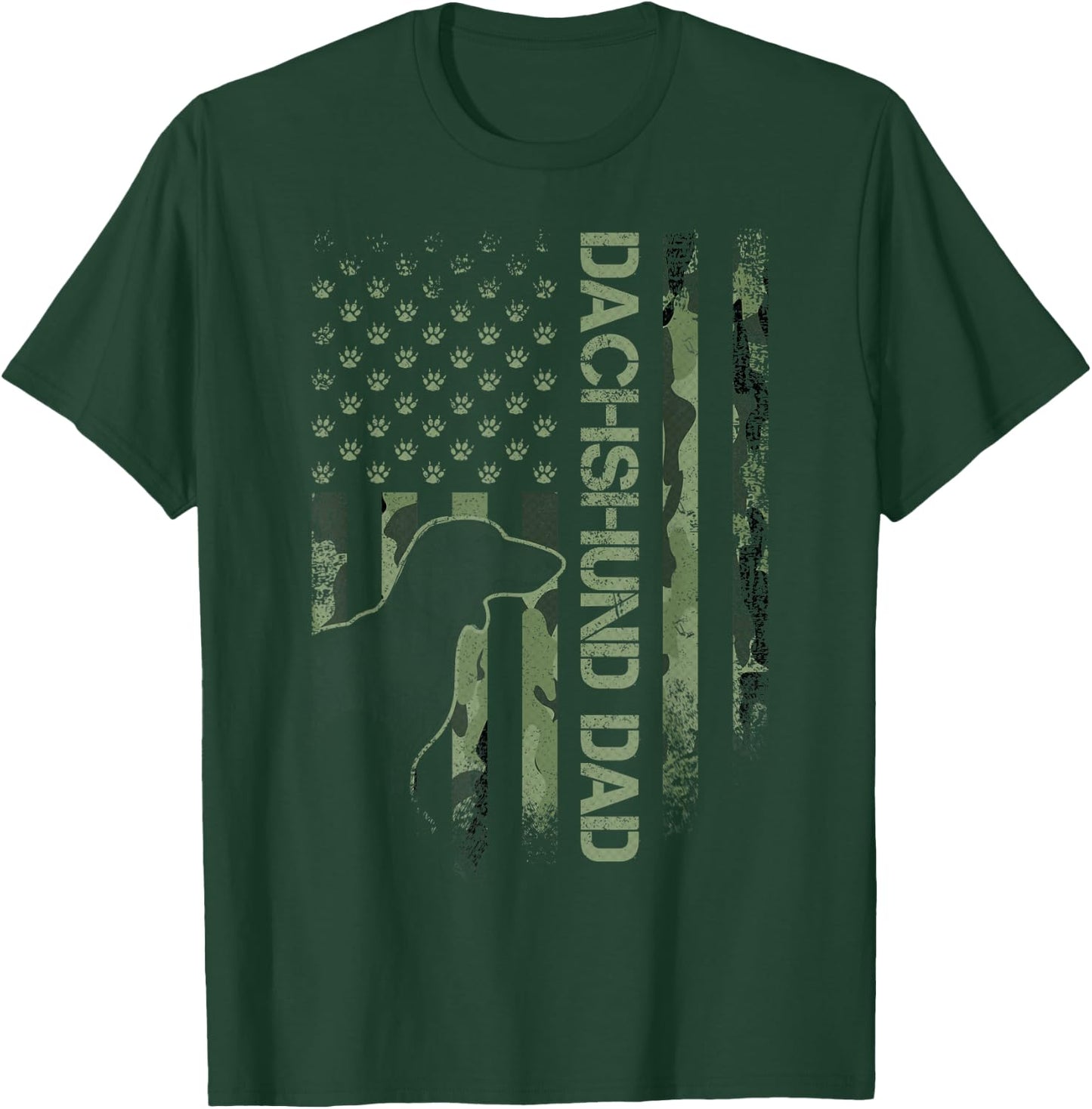 Vintage USA Camo Flag Proud Dachshund Dad Wiener Silhouette T-Shirt - T-Shirt | Forest