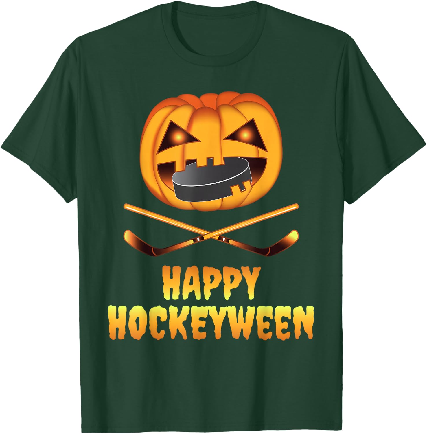 Happy Hockeyween Hockey Pumpkin Eating Puck Funny Halloween T-Shirt - T-Shirt | Forest