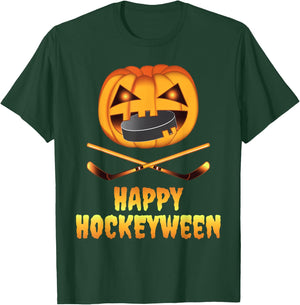 Happy Hockeyween Hockey Pumpkin Eating Puck Funny Halloween T-Shirt - T-Shirt | Forest
