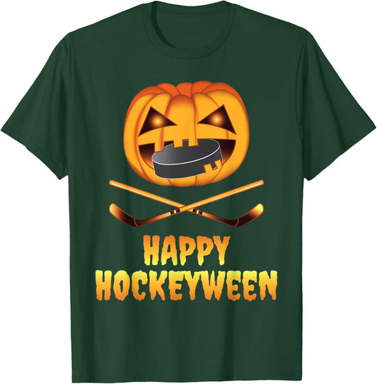 Happy Hockeyween Hockey Pumpkin Eating Puck Funny Halloween T-Shirt - T-Shirt | Forest