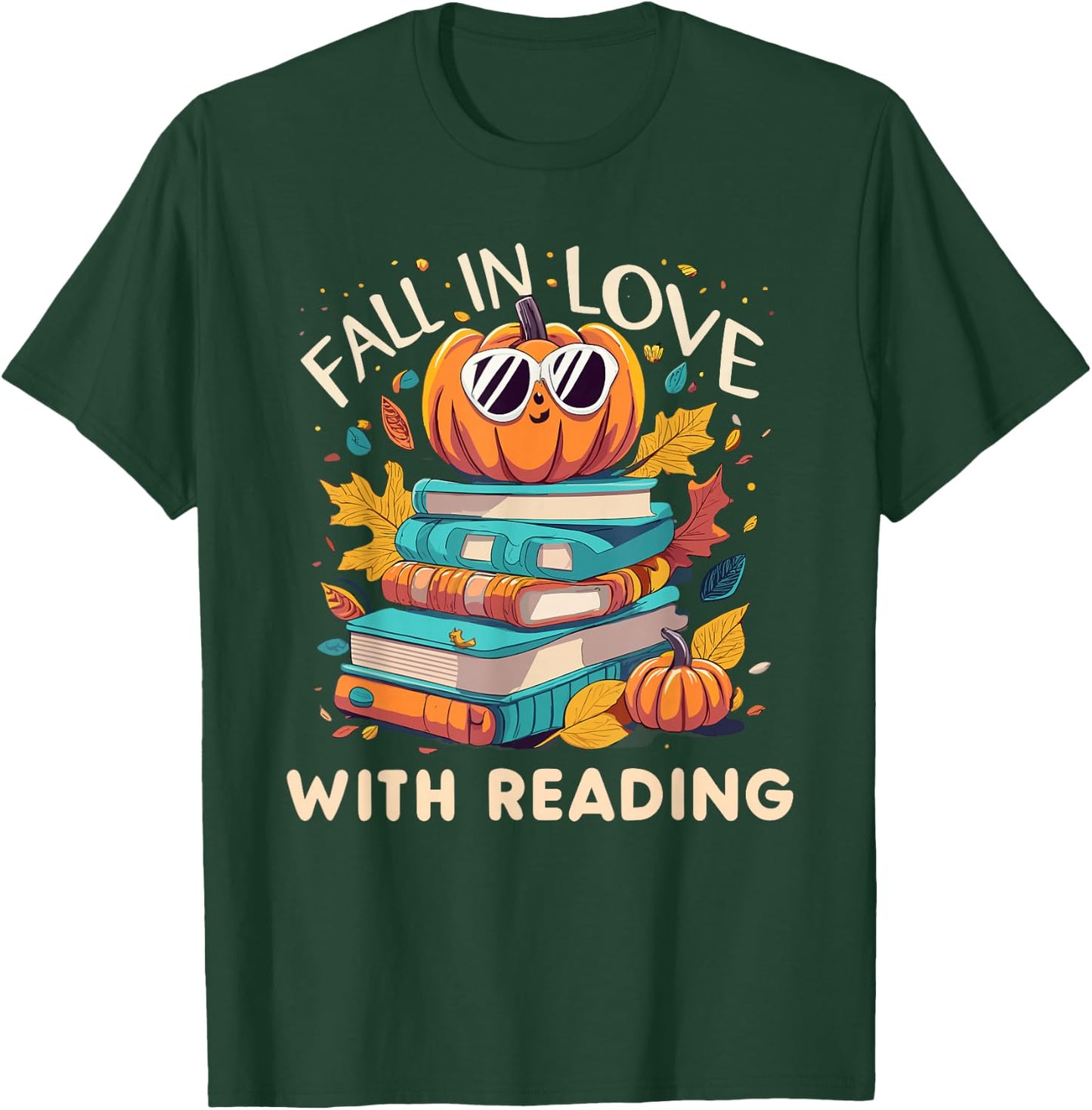 Fall In Love With Reading Book Autumn Pumpkins And Teachers T-Shirt - T-Shirt | Forest