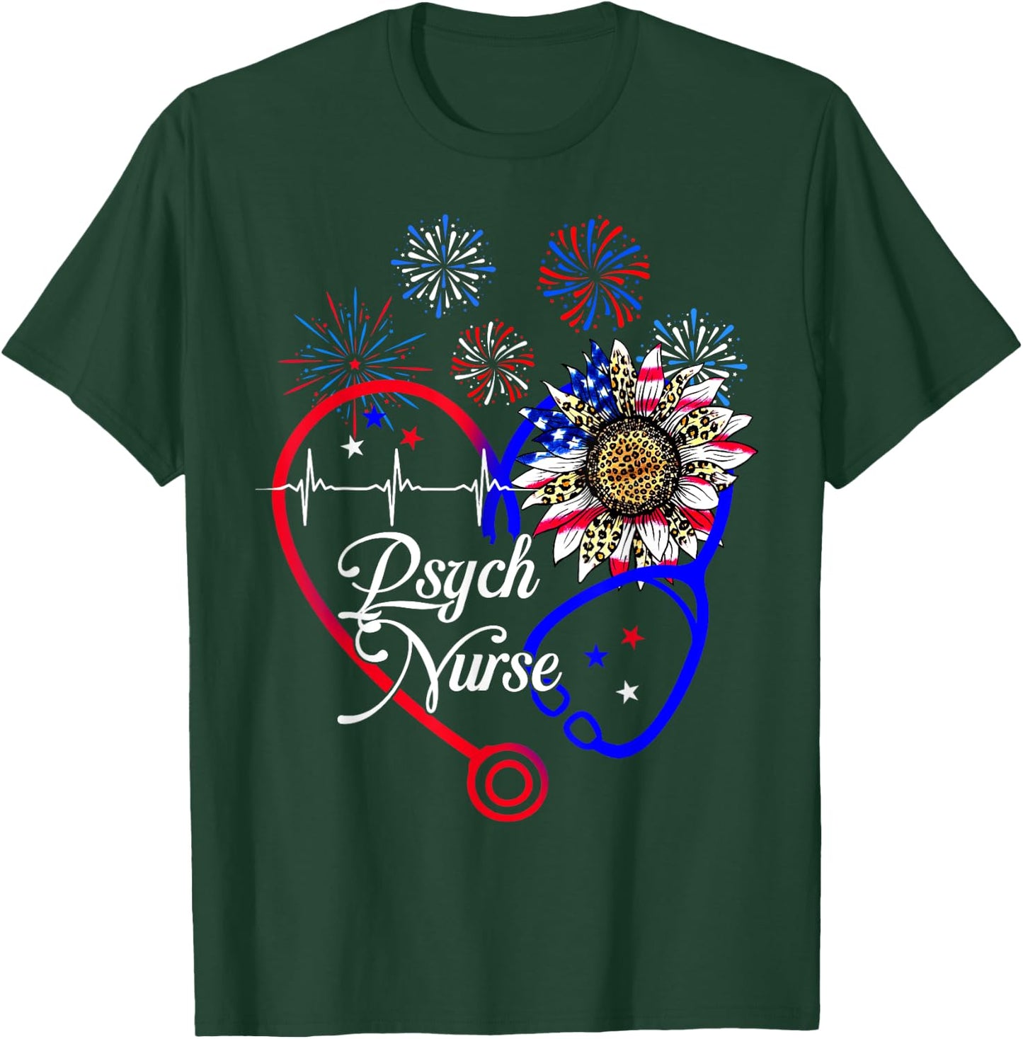 Patriotic American Psych Nurse Sunflower 4th Of July Nursing T-Shirt - T-Shirt | Forest