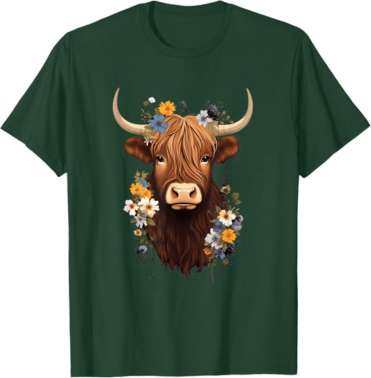 Flowers Highlander Cattle Cottagecore Scottish Highland Cow T-Shirt - T-Shirt | Forest