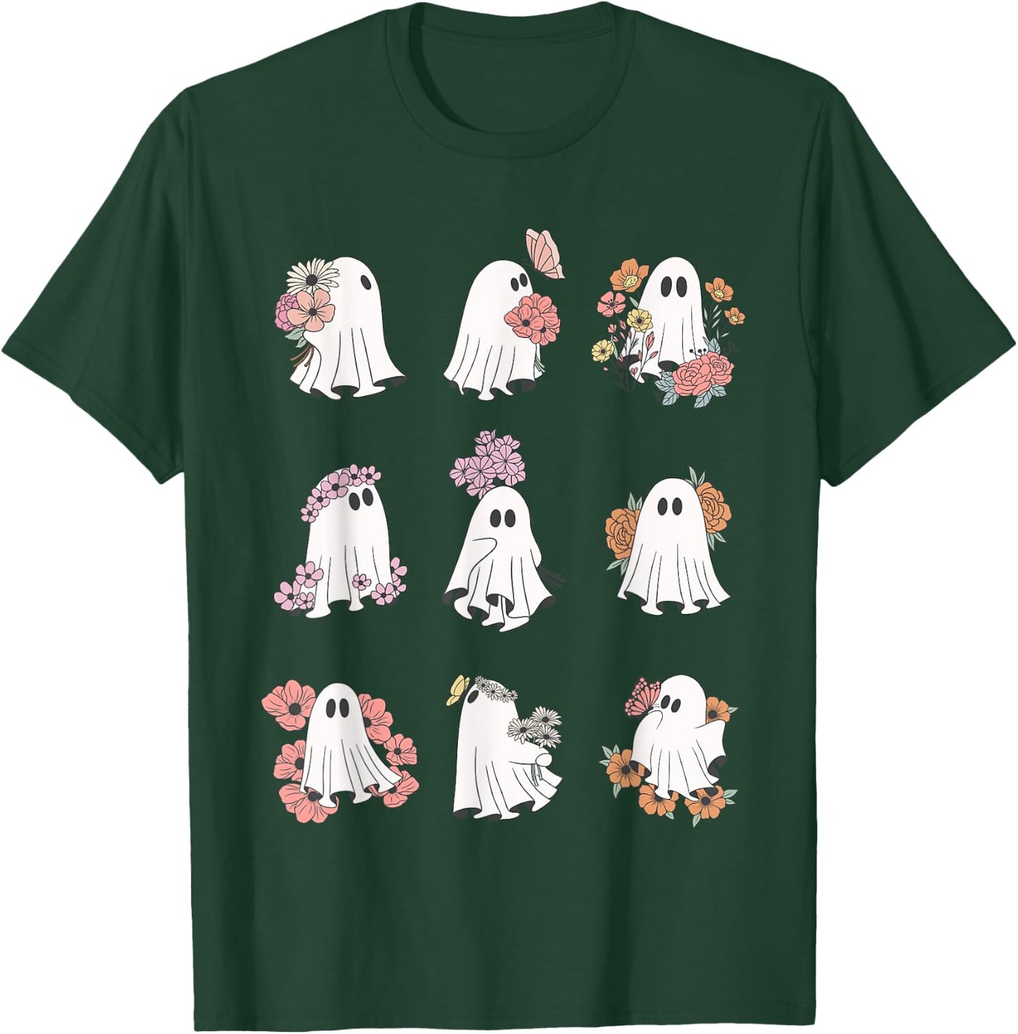 Cute Ghost Floral Plant Design Halloween Ghost With Flowers T-Shirt - T-Shirt | Forest