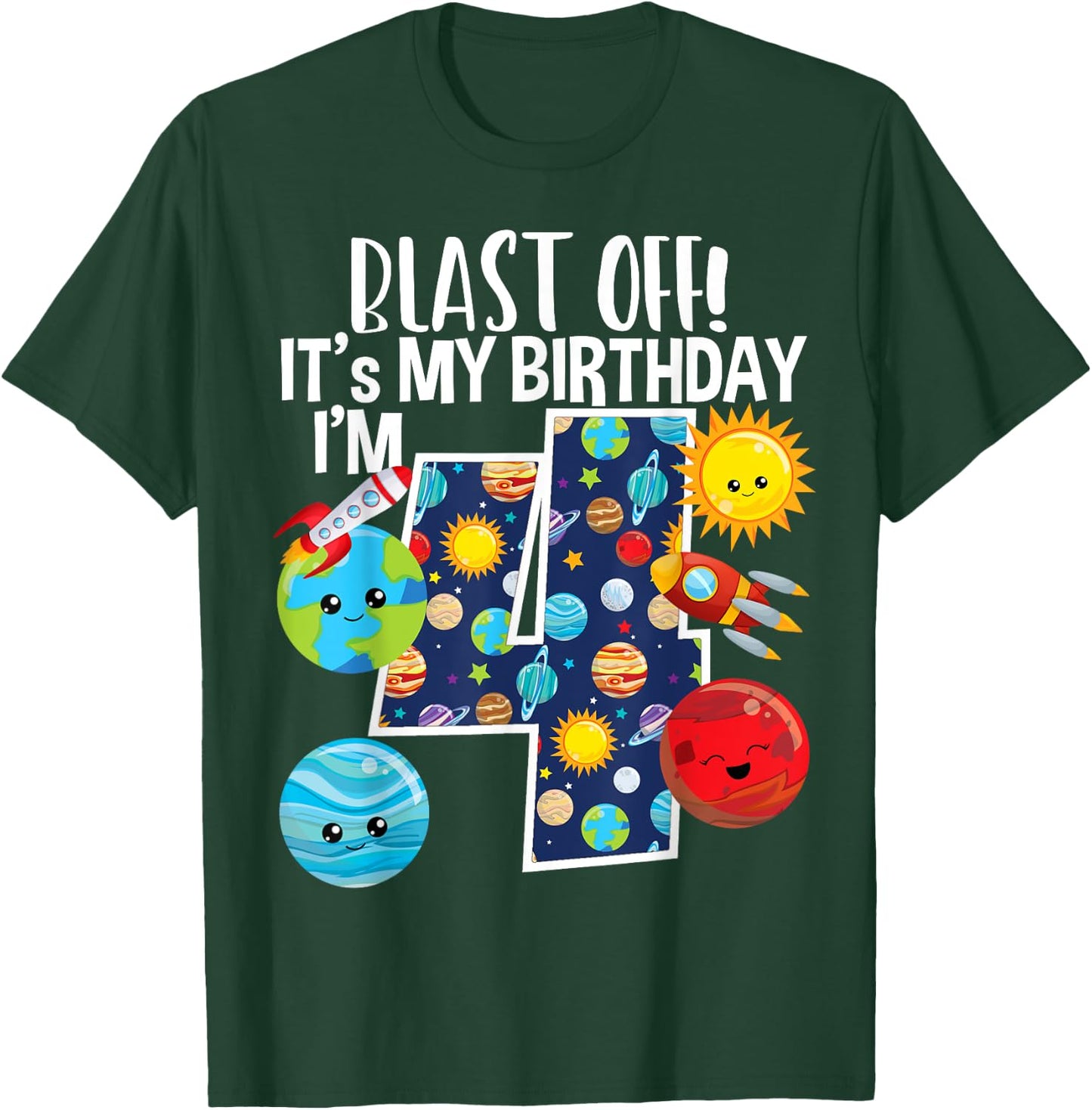 Space Planets Funny Solar Space 4th Birthday Party 4 Yrs Old T-Shirt - T-Shirt | Forest