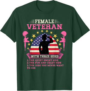 Female Veteran with Three Sides Veteran Mother 2024 T-Shirt - T-Shirt | Forest