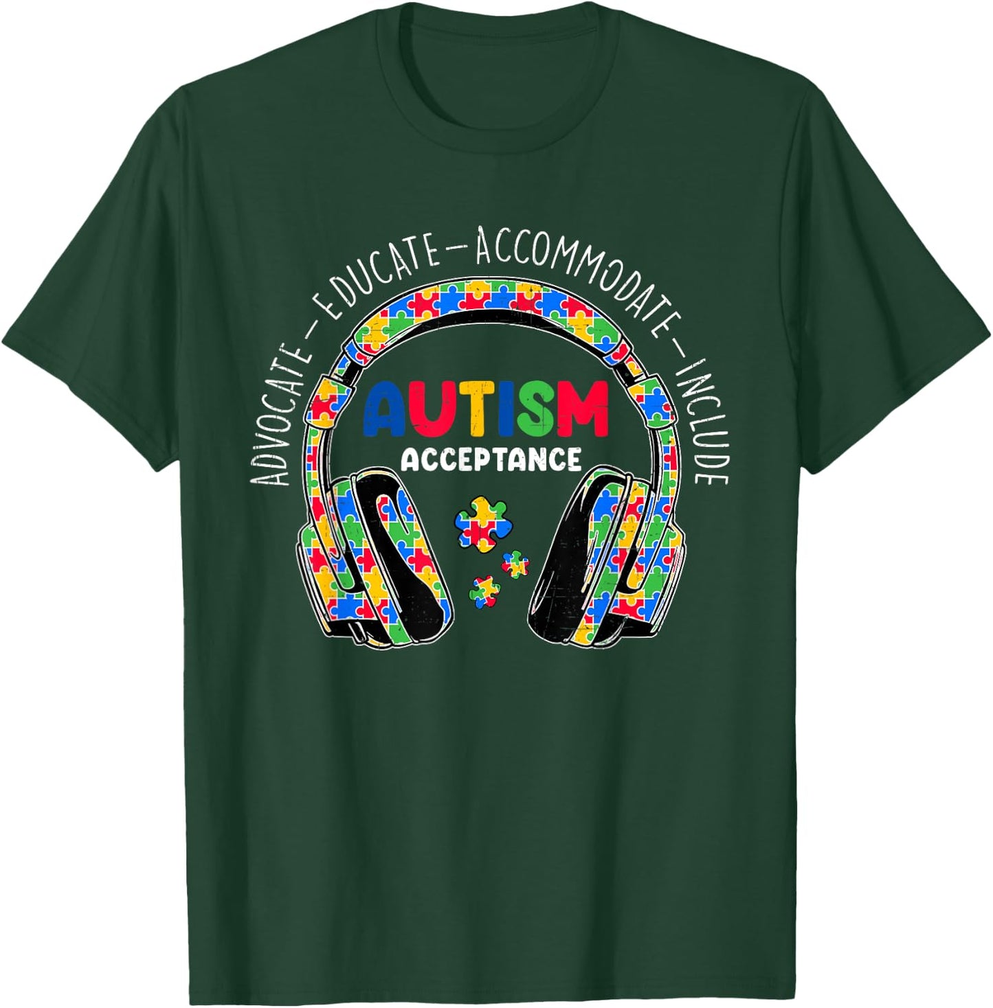Autism Awareness Acceptance Headphones Teacher Boys Kids T-Shirt - T-Shirt | Forest