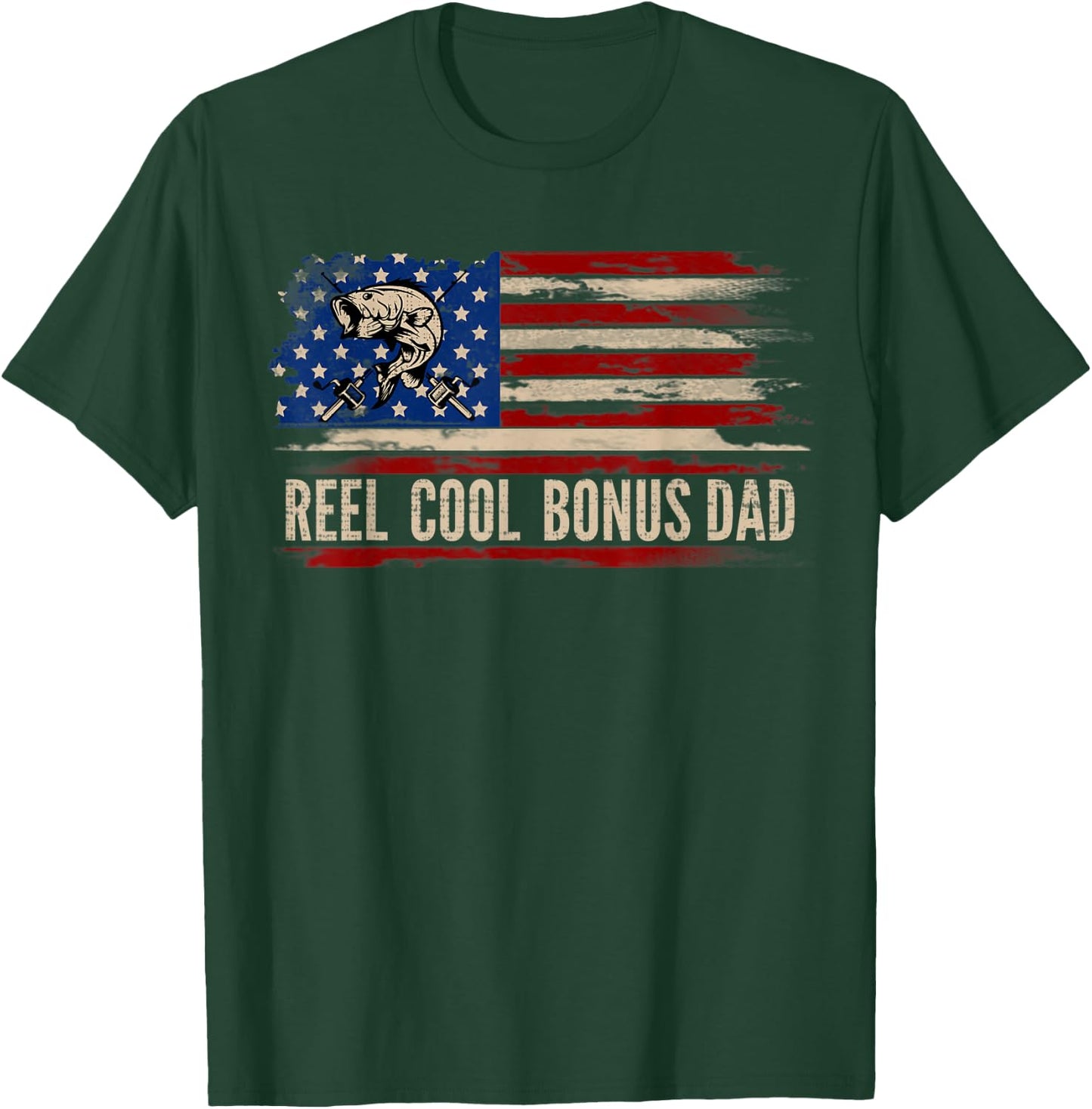 Reel Cool Bonus Dad American USA Flag Funny Fishing/Fish T-Shirt - T-Shirt | Forest
