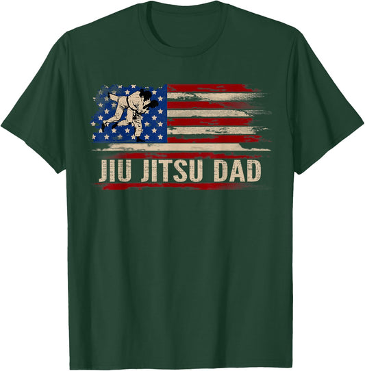 Vintage BJJ Jiu-Jitsu Dad American USA Flag Sports Gift Kids Men T-Shirt - T-Shirt | Forest