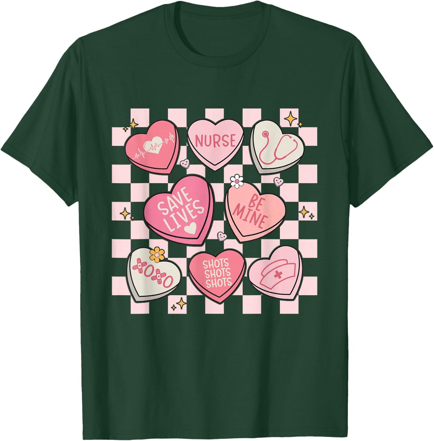 Women Valentines Nurse Hearts Candy Valentine Nursing T-Shirt - T-Shirt | Forest