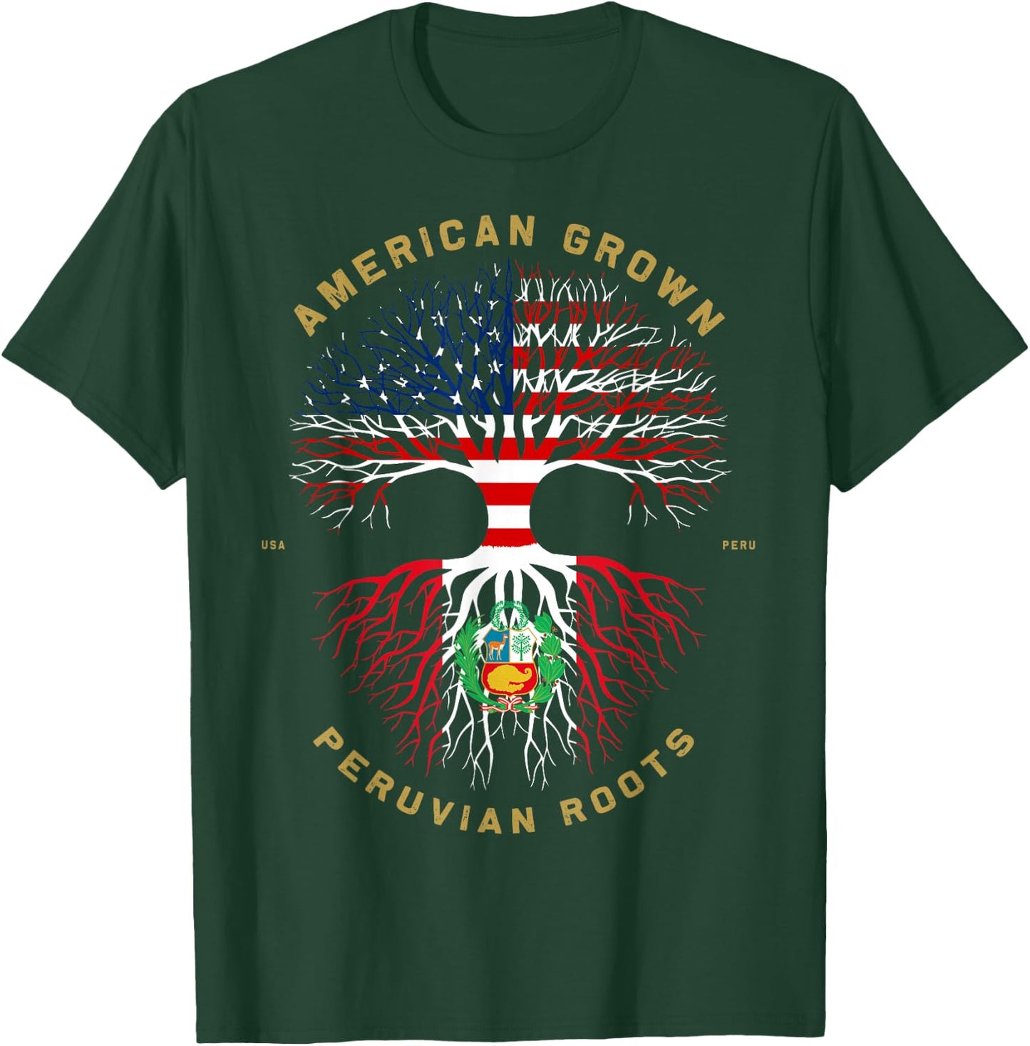 American Grown with Peruvian Roots Tree USA Flag Gifts T-Shirt - T-Shirt | Forest