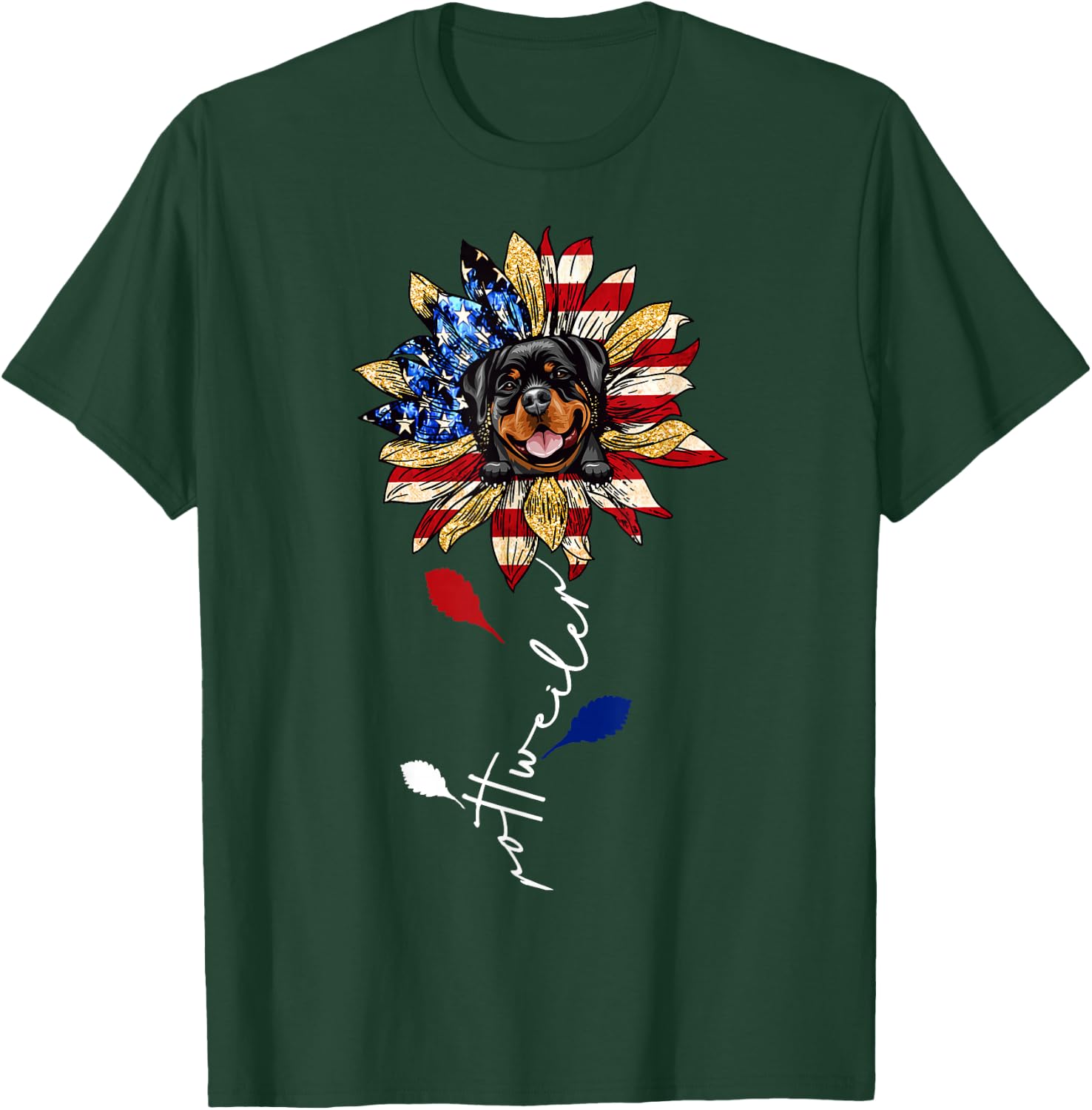 Rottweiler Sunflower American Flag 4th of July Funny T-Shirt - T-Shirt | Forest