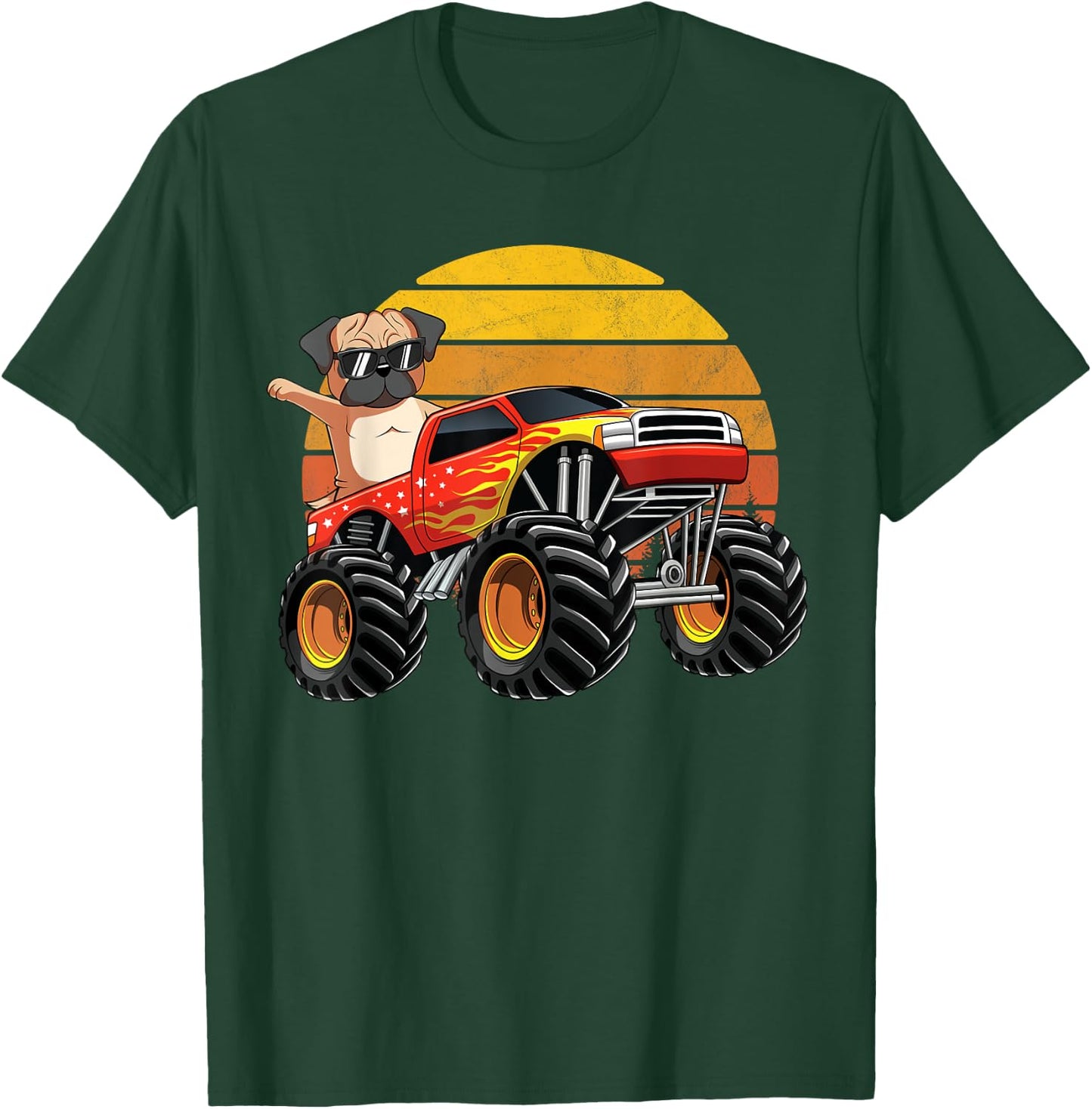 Vintage Monster Truck Pug Dog Retro Sunset Boys T-Shirt - T-Shirt | Forest