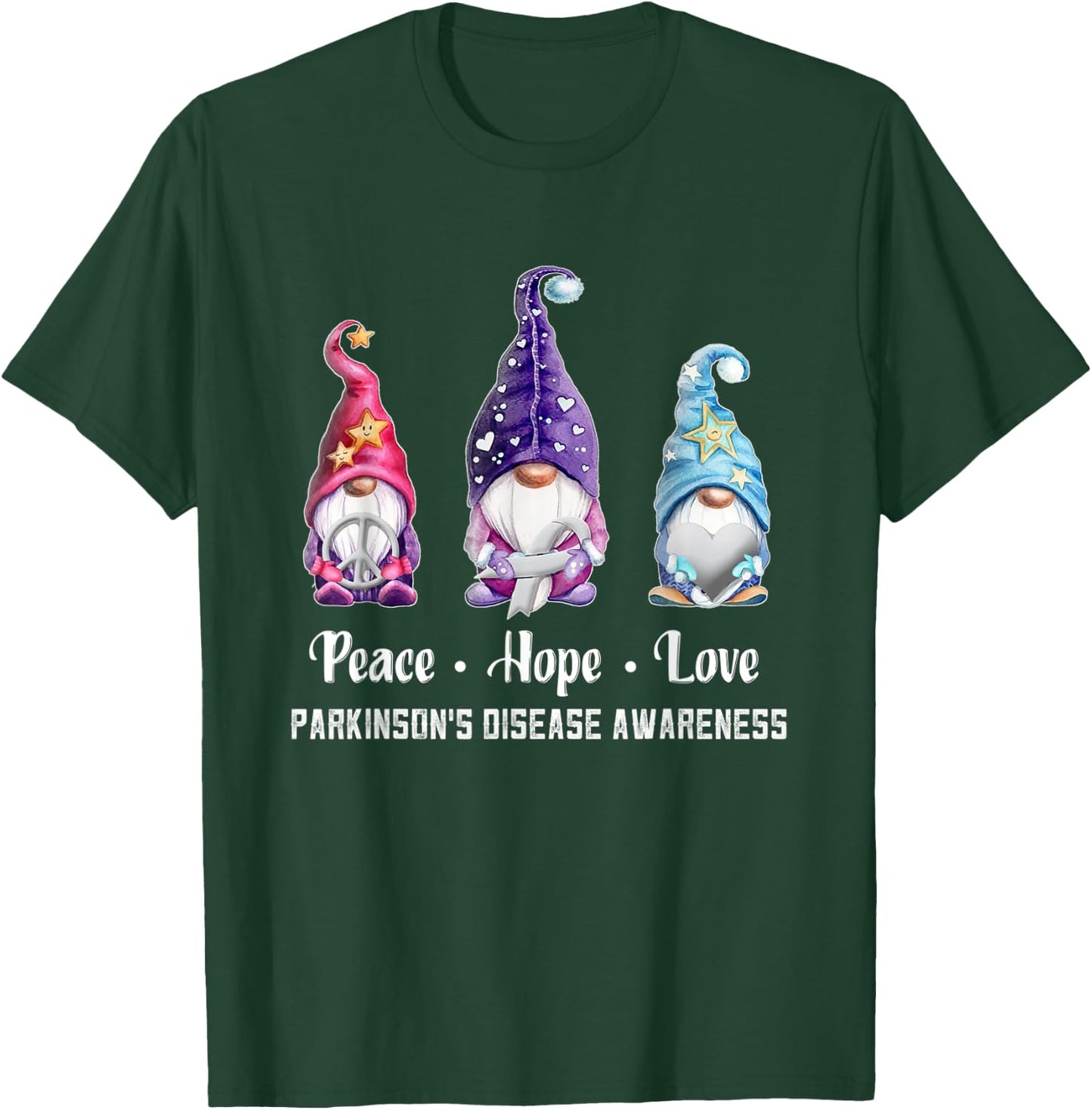 Peace Hope Love Gnomes Parkinson's Disease Awareness T-Shirt - T-Shirt | Forest