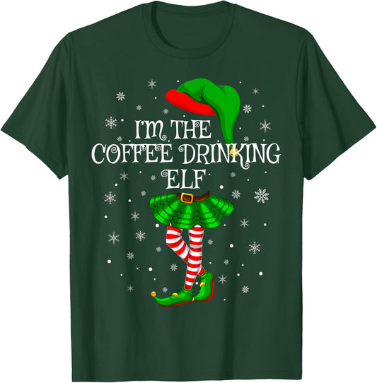 Coffee Drinking Elf Christmas Matching Family Women Girl Elf T-Shirt - T-Shirt | Forest