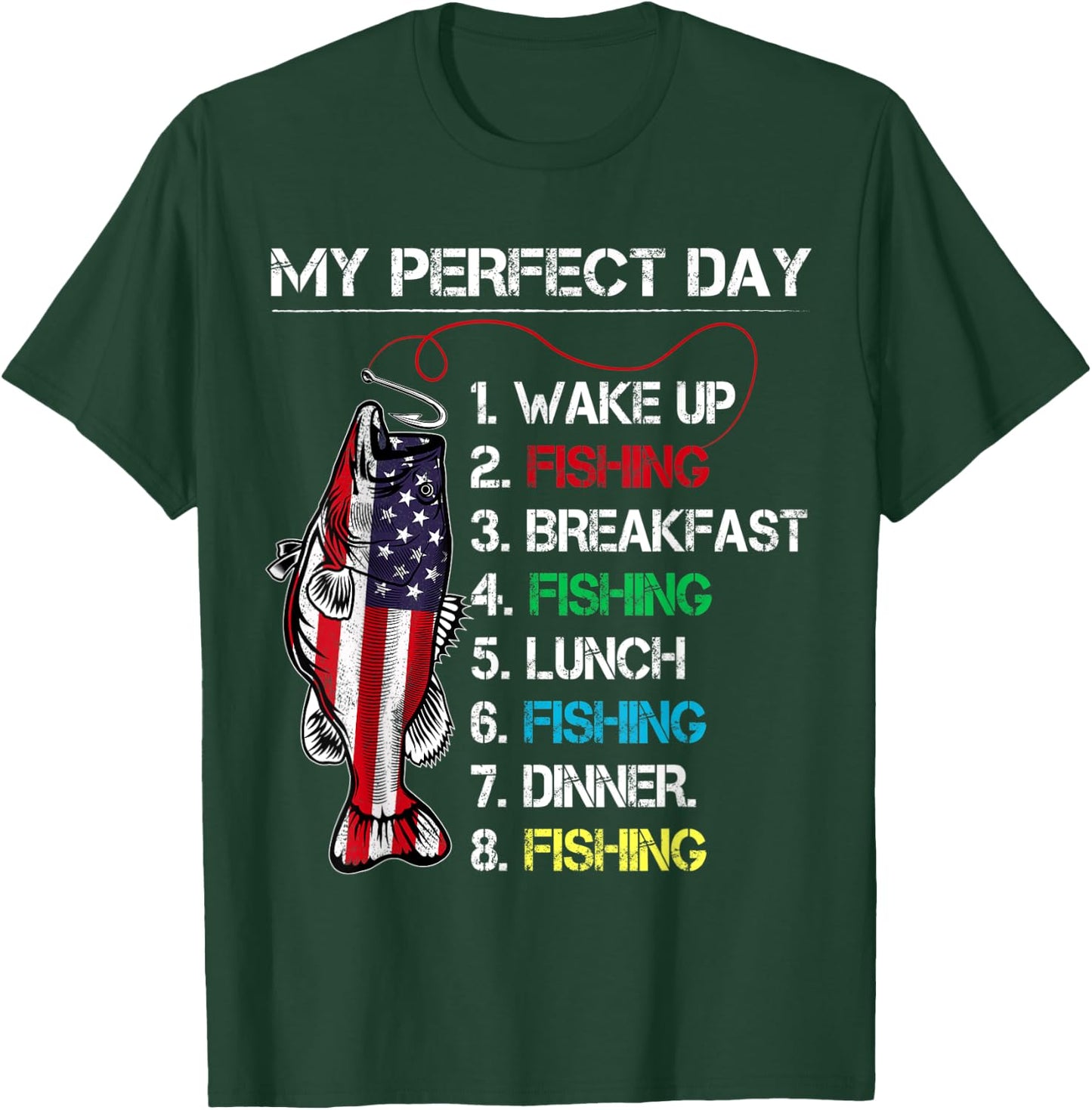 My Perfect Day Fishing Gift Fishermen American Flag Vintage T-Shirt - T-Shirt | Forest