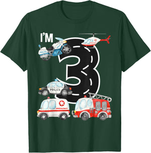 Emergency Vehicles 3rd Birthday Fire Truck Police Car Boys T-Shirt - T-Shirt | Forest