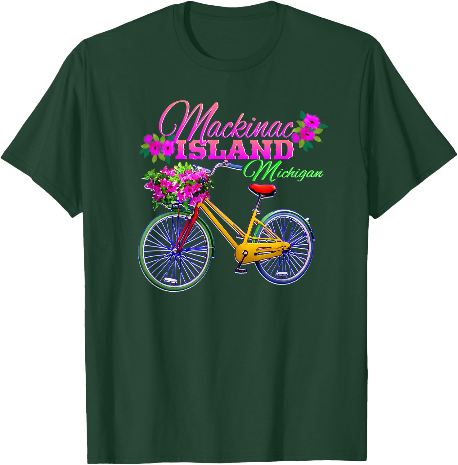Mackinac Island Michigan Gift Vintage Bike Flowers T-Shirt - T-Shirt | Forest