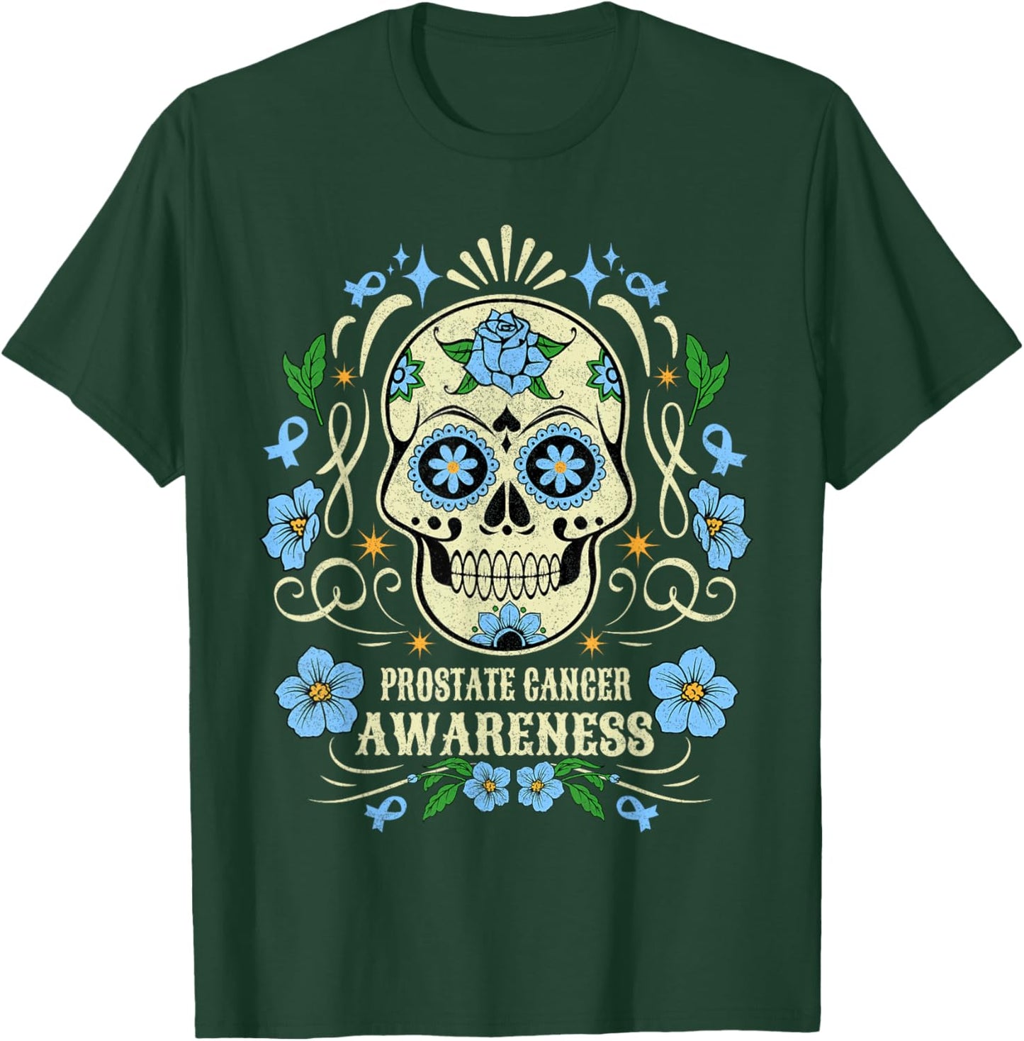 Skull Flower Prostate Cancer Awareness Retro Blue Ribbon T-Shirt - T-Shirt | Forest