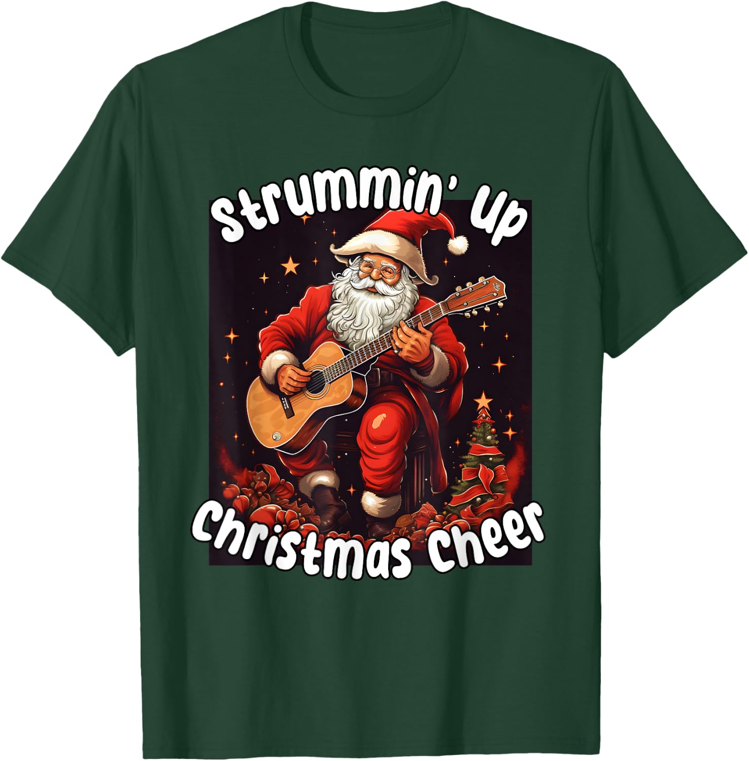 Santa Playing Acoustic Guitar - Strummin Up Christmas Cheer T-Shirt - T-Shirt | Forest
